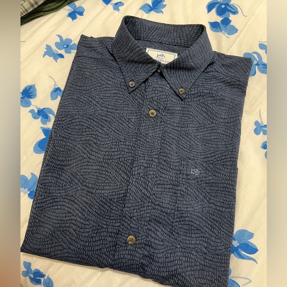 Southern Tide Men’s Intercoastal Long Sleeve Dark Navy Blue Patterned Shirt